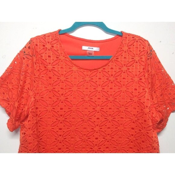 Womens top blouse ALIA LACE OVERLAY Size PXL short sleeve STRETCH Orange lined - Picture 3 of 6